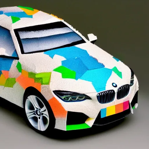 Prompt: bmw hatchback made of tissue paper, tissue paper art