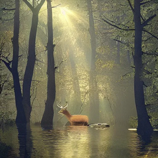 Prompt: [--height 512] [--width 1024] a forest with sunlight shining through the branches of trees, a river flows through with a deer drinking the water, a golden eagle flying over the river surreal