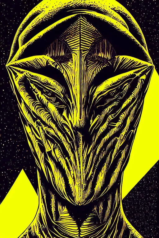 Prompt: portrait of black and yellow technicolor grainshading print by dan mumford, goblinko, richard corben, wayne barlowe, moebius, heavy metal comic cover art, psychedelic triangular skeleton, very intricate, thick outline, full body, symmetrical face, long black crown, in a shapes background, galactic dark colors