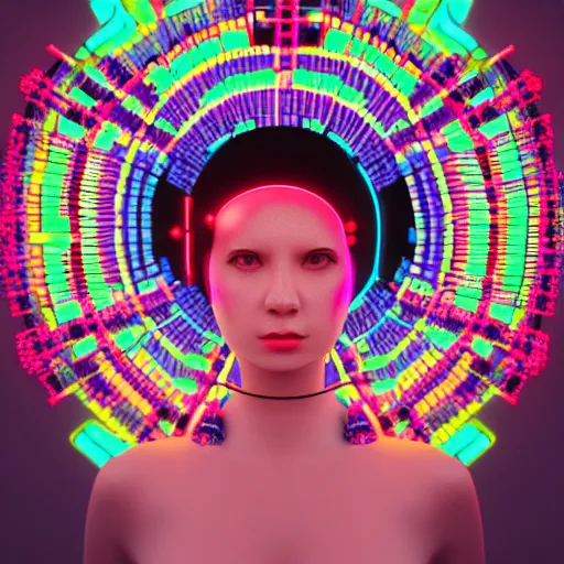 Image similar to swimming through a pile of modular synth cables, empathy machines, to see a kawaii puerto rican goddess staring through the mothership of your souls, wearing a headpiece made of circuit boards, by alastair reynolds and stanley kubrick, pink, trending on artstation, cinematic, 3 d render, photorealistic