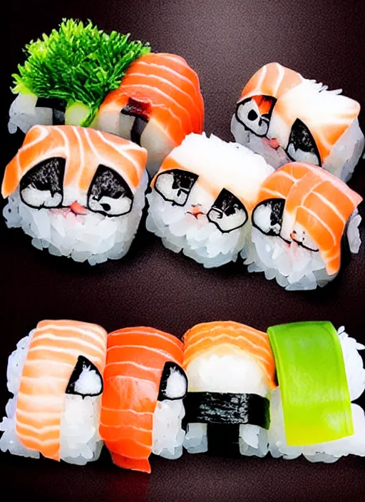 Image similar to clear photorealistic picture of adorable cats made out of sushi