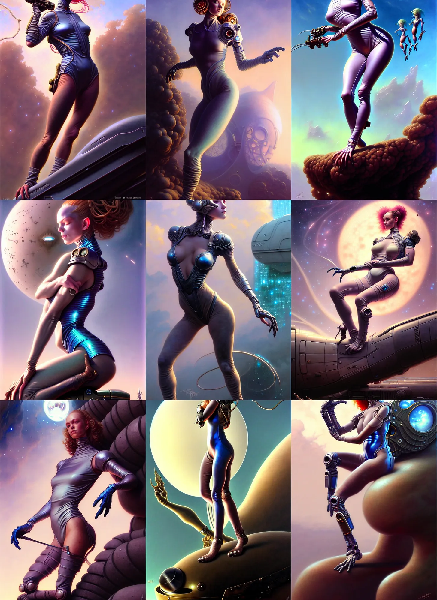 Image similar to fantasy character portrait, girl resting on an old sci - fi vehicle, bodysuit, leotard, ultra realistic, wide angle, intricate details, the fifth element artifacts, highly detailed by peter mohrbacher, hajime sorayama, wayne barlowe, boris vallejo, paolo eleuteri serpieri