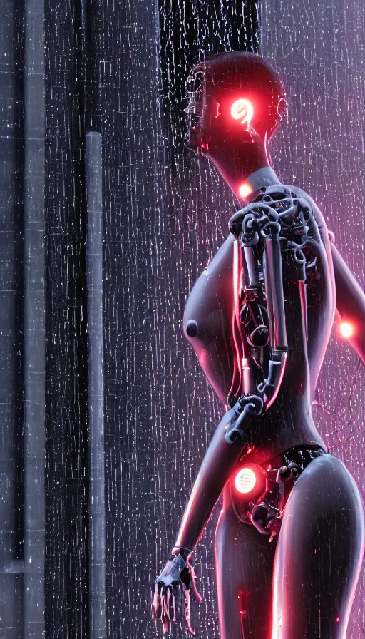 Image similar to thin female bio-mechanical cyborg, wet tiny LED lights illuminate, night time, drizzling raining, rooftop downtown tokyo, atmospheric broken wires exposed, wet machine parts, perfect anatomy, full body portrait, based on Saroyama, centered body portrait, photorealistic, 8K, octane render, volumetric lighting, Unreal Engine, trending on Artstation, hyper realistic, cinematic