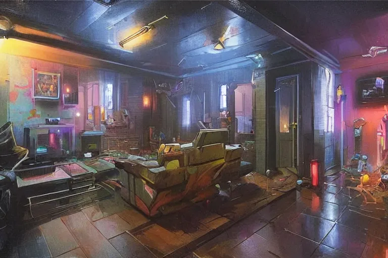 Prompt: an estate agent listing photo for a 5 bedroom detached cyberpunk house in the UK, by Paul Lehr