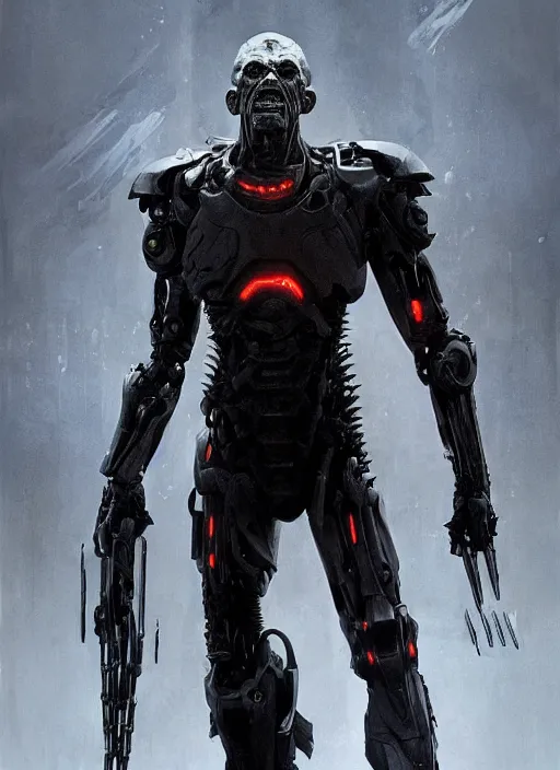 Image similar to willem dafoe as victor stone, full body concept, cyborg, borg, strogg, face of a man, terminator, flesh, quake strogg, doom demon, wolfenstein, monstrous, powerful, symmetry, symmetrical, concept art by ruan jia and greg rutkowski