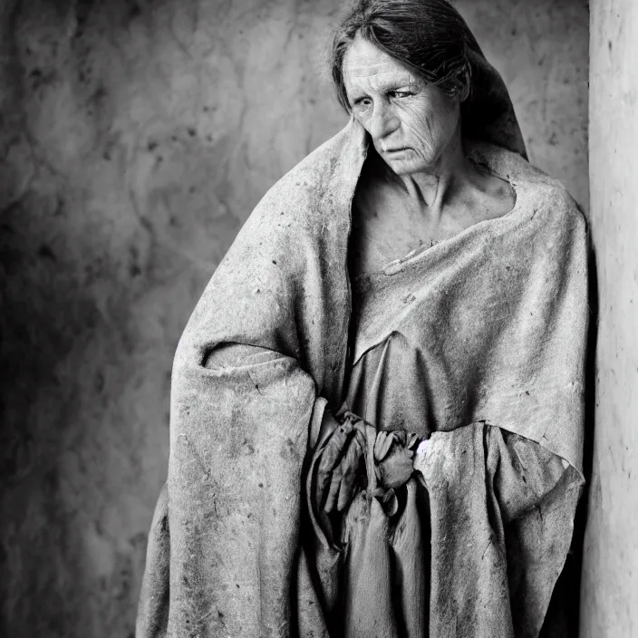 Prompt: closeup portrait of a sad woman with a cloak made of stone, standing in a busy messy kitchen, by Annie Leibovitz and Steve McCurry, natural light, detailed face, CANON Eos C300, ƒ1.8, 35mm, 8K, medium-format print
