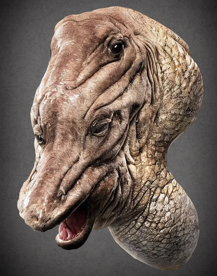 Image similar to portrait of muscular animal human merged head dolphin skin, scales, merged with monkey head, hippo face morphed, gills, horse head animal merge, morphing dog head, merging crocodile head, anthropomorphic, creature, solid background