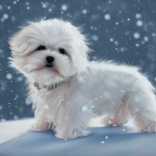 Prompt: cute fluffy maltese puppy sitting in snowy winter landscape detailed painting 4 k
