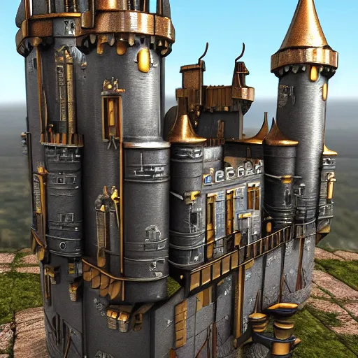 Prompt: metal modern castle with rocket launchers, highly detailed, 4k, HDR, smooth, sharp focus, hyper realistic, high resolution