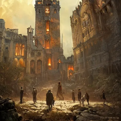 Prompt: epic masterpiece of cinematographic hyperrealism where a group of archeologists appears in front of a large demonic tower. realistic shaded lighting poster by craig mallismo, artgerm, jeremy lipkin and michael garmash, unreal engine, detailed and intricate environment, digital art, art station trends, horror, night, dark and stormy, matte