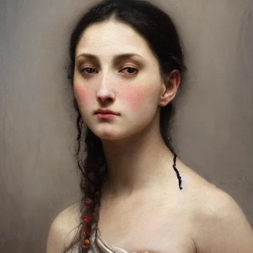 Image similar to hyperrealistic oil painting of woman, oil paint drips, dim volumetric lighting, 8 k octane beautifully detailed render, post - processing, portrait, extremely hyper - detailed, intricate, epic composition, cinematic lighting, masterpiece, by william - adolphe bouguereau, trending on artstation, very very detailed, masterpiece, stunning,