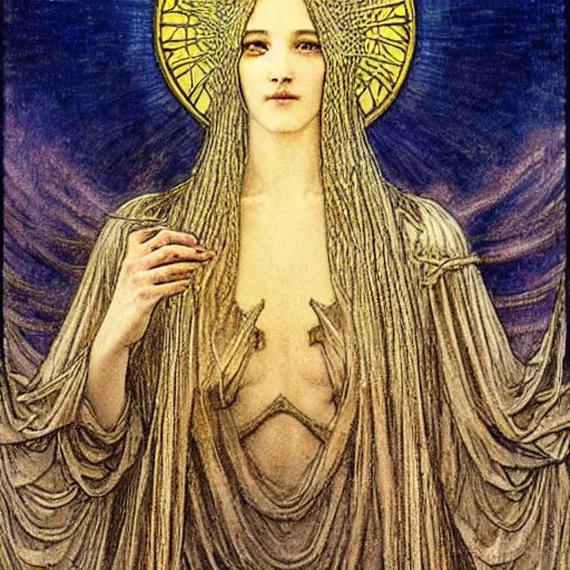 Image similar to a beautiful young medieval queen by jean delville, art nouveau, symbolist, visionary, gothic, celestial, whimsical, magical, airy