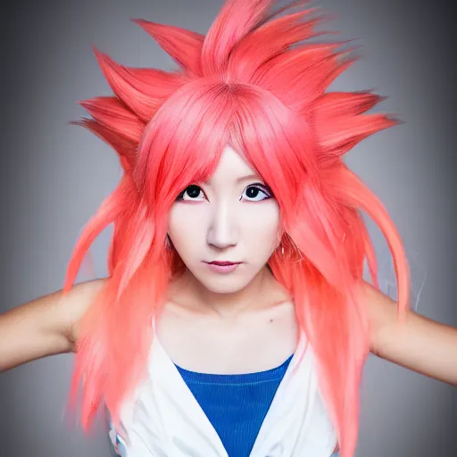 Prompt: close up headshot of a Japanese j-pop idol dressed as kawaii female goku, super sayan goku, cosplay, studio lighting, 4k, extremely beautiful symmetric face, aesthetic!!!