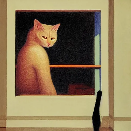 Prompt: a lonely cat in an hotel room, hyperrealistic film still by edward hopper, by gottfried helnwein, by klimt, by paolo uccello, art nouveau, highly detailed, strong lights, liminal, eerie, metaphysical, bright pastel colors,