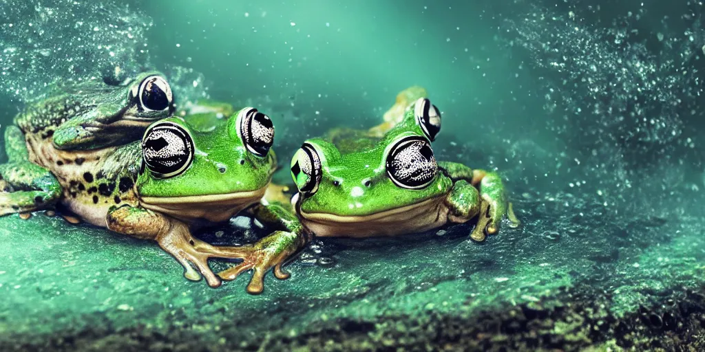 Image similar to a very intricately detailed underwater photo of a frogs cuddling. a lot of bubbles, diffracting the light. extreme detail, artstation hq, 8 k