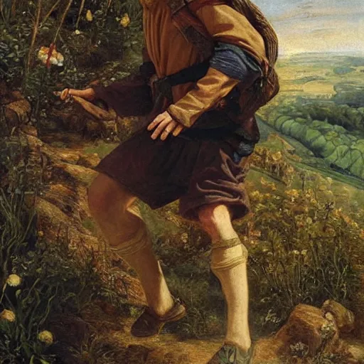 Image similar to a stumbling and falling medieval man as a oilpainting by Sophie anderson