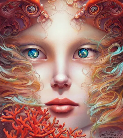 Prompt: goddess of the sea, brilliant coral reef, digital art, portrait by artgerm and karol bak