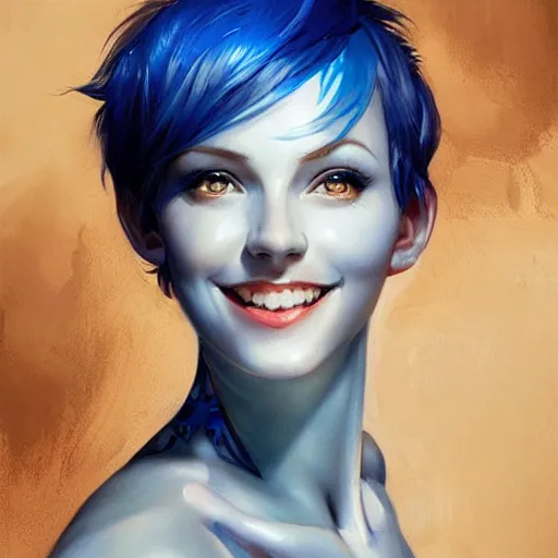 Image similar to a beautiful painting of a smiling woman with stylish short blue hair and sparkling blue eyes representative of the art style of artgerm and wlop and peter mohrbacher, portrait, mischievous grin