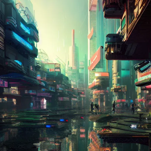 Image similar to a utopian cyberpunk city, filled with fauna, with building floating around everywhere, building cover with plant, dynamic lighting, fantasy concept art, trending on art station, stunning visuals, creative, cinematic, intricately detailed, unreal engine, 4 k