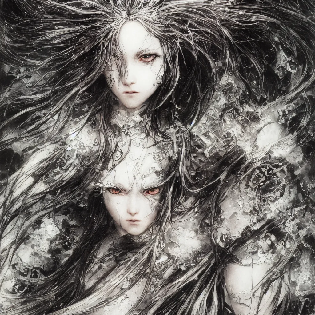 Prompt: Yoshitaka Amano realistic illustration of an anime girl with black eyes, wavy white hair fluttering in the wind and cracks on her face wearing elden ring armor with engraving, abstract black and white patterns on the background, noisy film grain effect, highly detailed, Renaissance oil painting, weird portrait angle, blurred lost edges, three quarter view