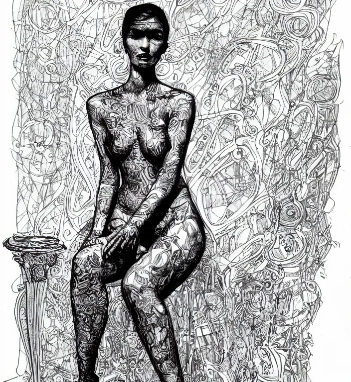 Prompt: salome full figure sitting on throne sketchbook ink drawing by james jean very detailed high contrast