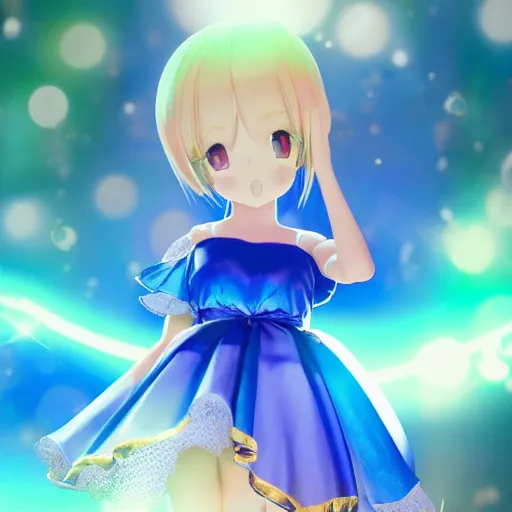 Image similar to cute fumo plush of a girl in a green and gold and blue shiny dress, lens flare, anime girl, vray