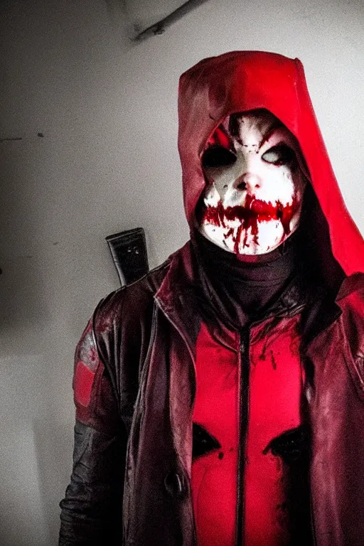 Image similar to red hood cosplay, creepy, disturbing, bloody, darkness, grainy