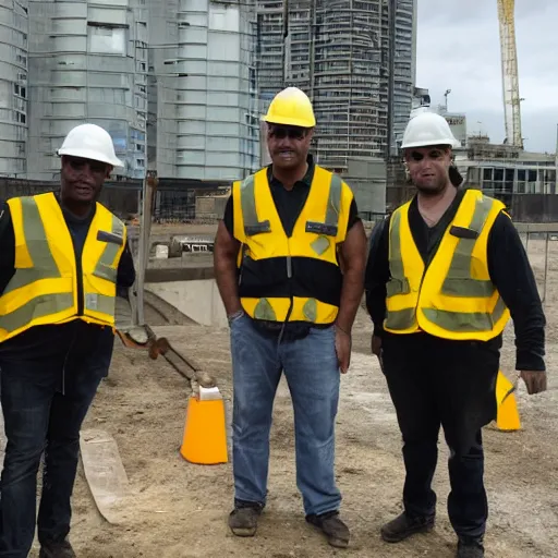 Image similar to black, shadowy, tall figures wearing yellow hard hats