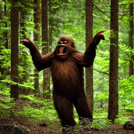 Image similar to happy dancing Sasquatch Bigfoot party in the forest