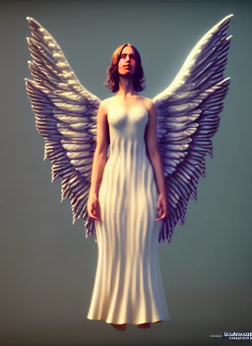 Image similar to beautiful angel with fully spread wings floating in the air!!, highly intricate wings!, cinematic light, rendered in unreal 5,