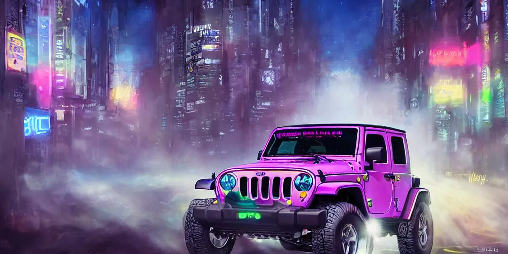 Image similar to Itasha 1997 hardtop Jeep Wrangler, digital painting, beautiful iridescent fog swallows urban Shibuya, planets can be seen in the sky above, beautiful, neon night, cinematic, extraordinary, colorful, photorealistic, dark, atmospheric, ultra realistic, insanely detailed, lights and shadows