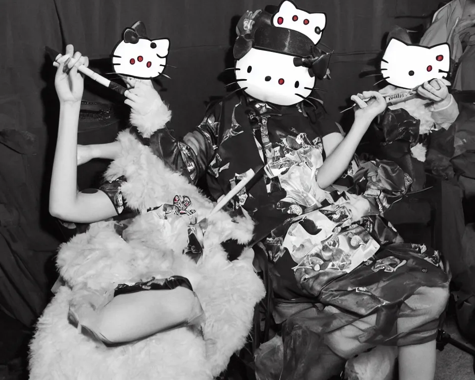 Prompt: Hello Kitty backstage smoking a cigar