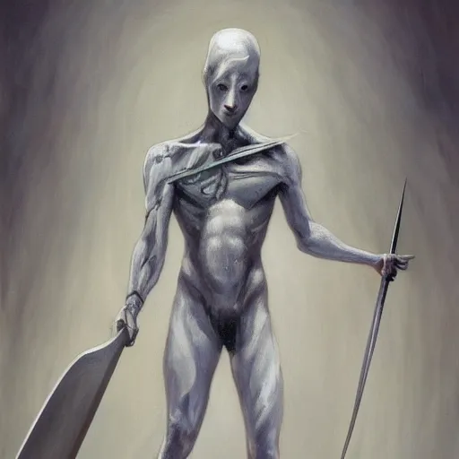 Image similar to fantasy painting of a pale man with a black blade covered in runes, painted by Michael Whalen, ultra detailed, 8k