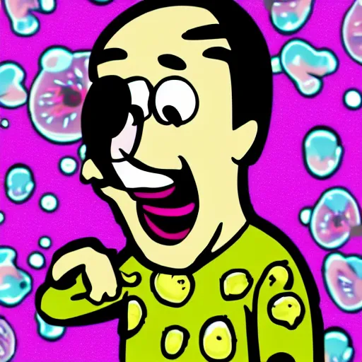 Prompt: cartoon person with acid tab on tongue