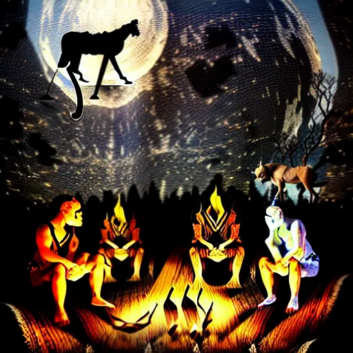 Image similar to strange mythical beasts of sitting around a fire under a full moon, surreal dark mixed media collage by ronny khalil