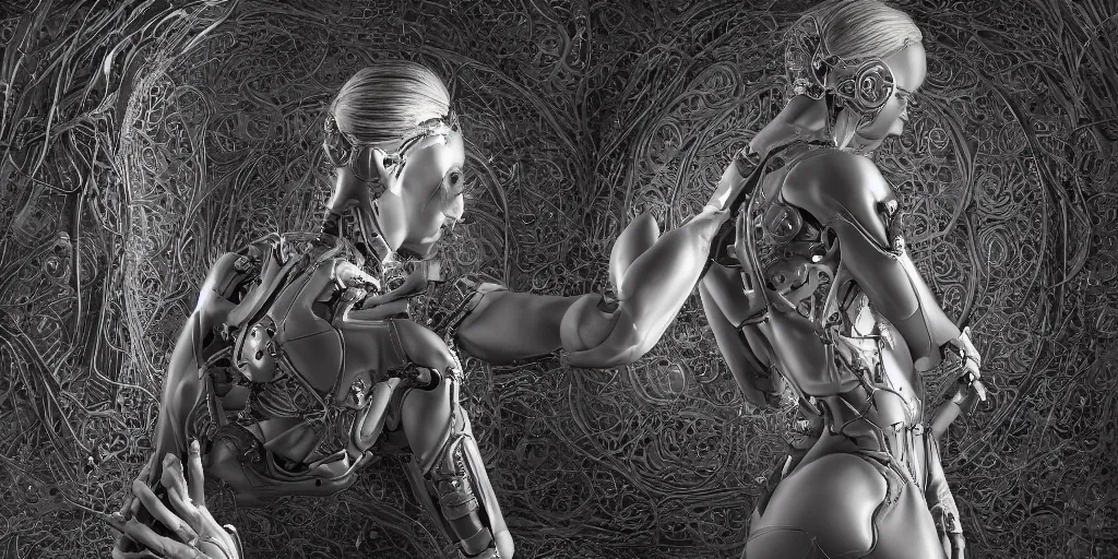 Image similar to group of realistic photography of a female cyborg humanoid, back arched, holding, hugging, grasping, highly detailed intricate filigree, in the style of beth cavener, jin kagetsu, wlop,, symmetry, masterpiece, concept art, ringflash, highkey lighting, ambient lighting, hard key light, octane render, 8 k, artstation