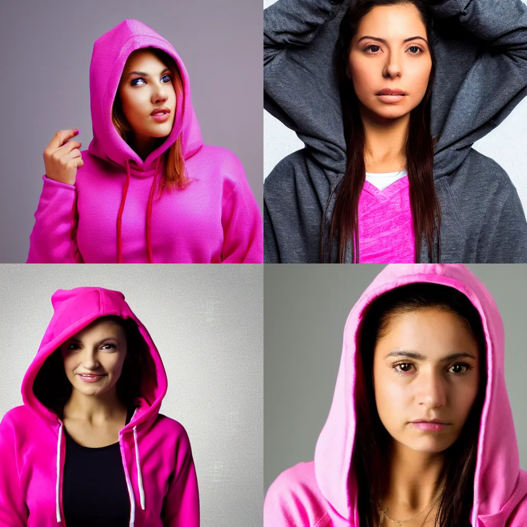 Prompt: latin woman in pink hoodie, studio photo, close up