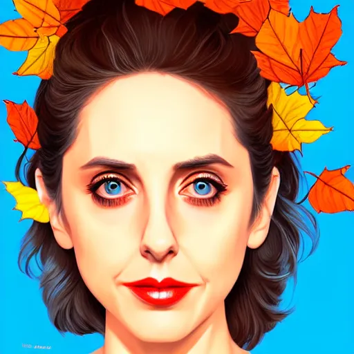 Prompt: gorgeous young Alison Brie, realistic character concept, full body, autumn leaves, orange yellow, medium shot, shorter neck, illustration, symmetrical face and body, realistic eyes, cinematic lighting, detailed realistic symmetrical eyes, symmetrical nose, symmetrical pupils, symmetrical nostrils, face by artgerm, symmetrical nose, high resolution, Don Bluth, Joshua Middleton, Charlie Bowater, Tom Bagshaw, single face, insanely detailed and intricate, beautiful