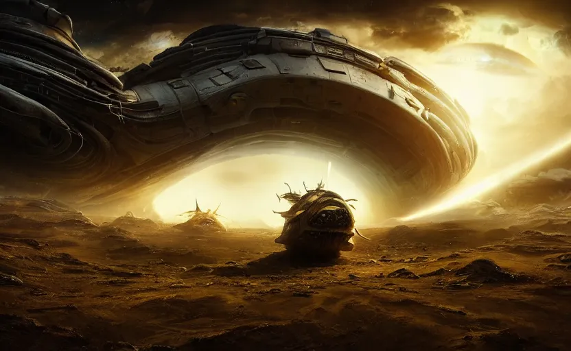 Prompt: an extraterrestrial spaceship exiting a worm hole to earth, in the style of starship troopers, epic scene, extremely detailed masterpiece, extremely moody lighting, glowing light and shadow, atmospheric, shadowy, cinematic, god lighting