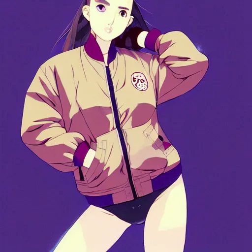 Image similar to a beautiful plus sized model japanese natalie portman, alluring, wearing oversized mayan bomber jacket and leotard with overalls, bulky poofy bomber jacket with mayan patterns, aztec street fashion, gapmoe yandere grimdark, trending on pixiv fanbox, painted by greg rutkowski makoto shinkai takashi takeuchi studio ghibli, akihiko yoshida