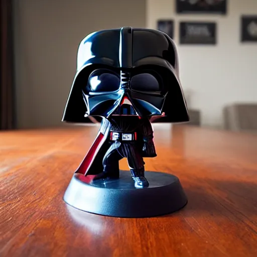 Image similar to a darth vader funko pop wielding a red lightsaber on a table inside a suburban house