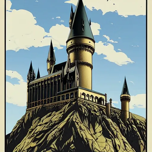 Prompt: poster artwork by Michael Whelan and Tomer Hanuka, of Hogwarts Castle, clean