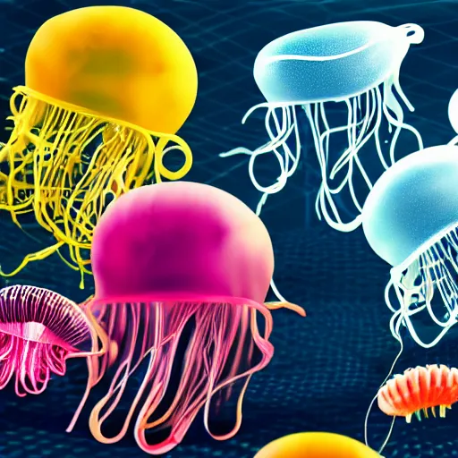 Image similar to hamburger mix jellyfish, cg, 8 k, sharp focus, style by andy warhol