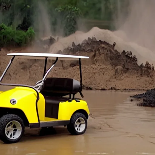 Prompt: golf cart obstacle course with sand traps, flowing water, lava, giant spiders. directed by steven spielberg. cinematic