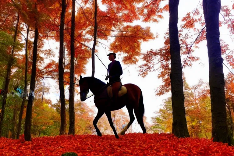 Image similar to attractive man riding a horse in the woods with falling red leaves, ghibli style