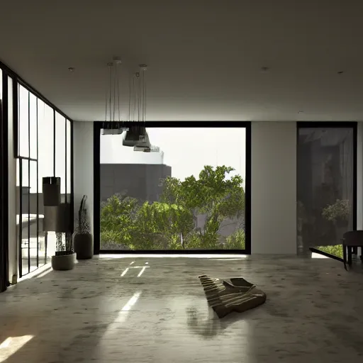 Image similar to a modern indoor room, clean architecture, some shreks, peaceful, 8K octane render