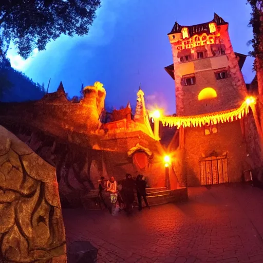 Image similar to dracula castle transylvania waterpark, night, lightning