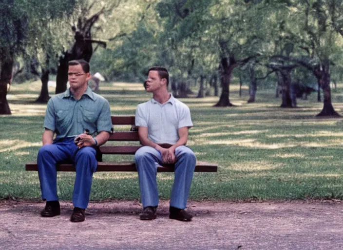 Image similar to film still of matt damon as forrest gump sitting on a bench in forrest gump, 4 k