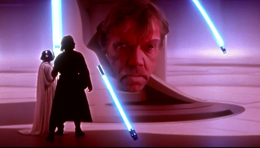 Image similar to screenshot portrait of Luke Skywalker and Princess Leia, facing off against an incredibly haunting female sith lord in white, on a sith planet of purple magic maelstrom, iconic scene from the 1970s sci fi thriller film by Stanley Kubrick, HR Geiger, stunning cinematography, hyper-detailed, sharp, anamorphic lenses, kodak color stock, 4k, stunning