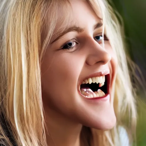 Image similar to young blonde woman with long fangs